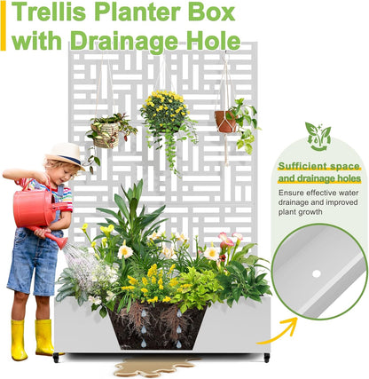 FENCY Metal Raised Garden Bed with Wheels and Trellis,73"x47"x16" Planter Box for Climbing Plants, Vegetables & Vines, Features Privacy Screen and Drainage Holes (White-Geometric Lattice)