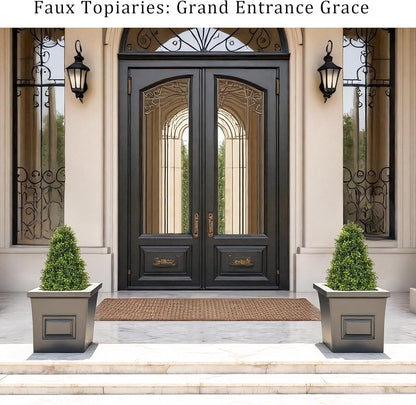 30" Artificial Boxwood Faux Plants Outdoor, UV Resistant Topiary Trees Realistic Cone-Shaped Fake Bushes and Shrubs Potted Fakeplants Set of 2 for Front Porch Patio Outside Planter Decor