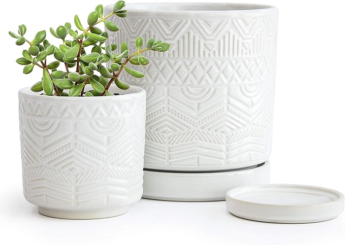 D'vine Dev Set of 2 Modern Matte White Floral Embossed Ceramic Planter Pot with Saucer and Drainage Hole, 4 Inch & 6 Inch, 99-C-1-M