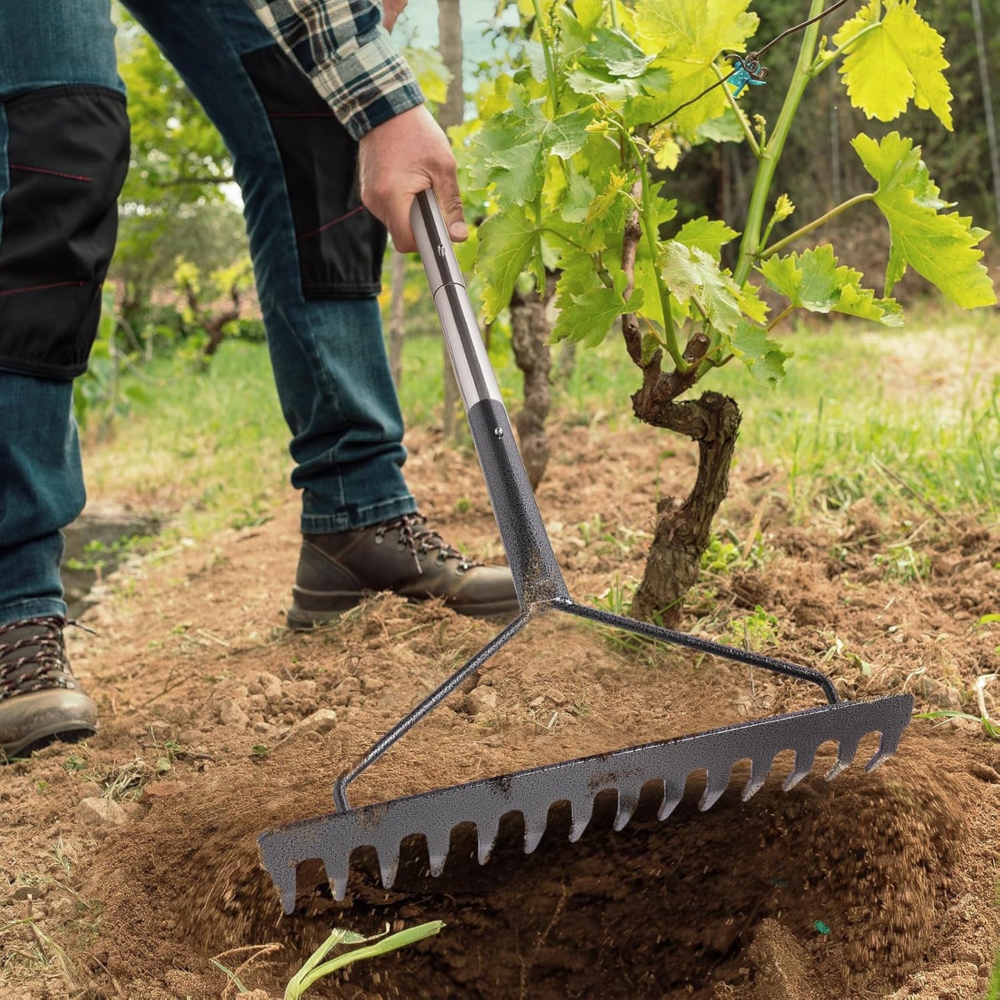 Sturdy Garden Rakes for Leaves: Metal Rake Heavy Duty Tool for Quick Clean Up of Lawn and Yard, 38’’--63’’ Adjustable Long Handle and 14Tines
