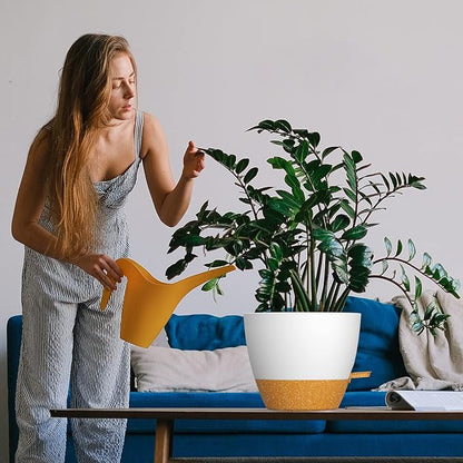 WOUSIWER 10 inch Self Watering Planters, 2 Pack Large Plastic Plant Pots with Deep Reservior and High Drainage Holes for Indoor Outdoor Plants and Flowers, White with Terracotta