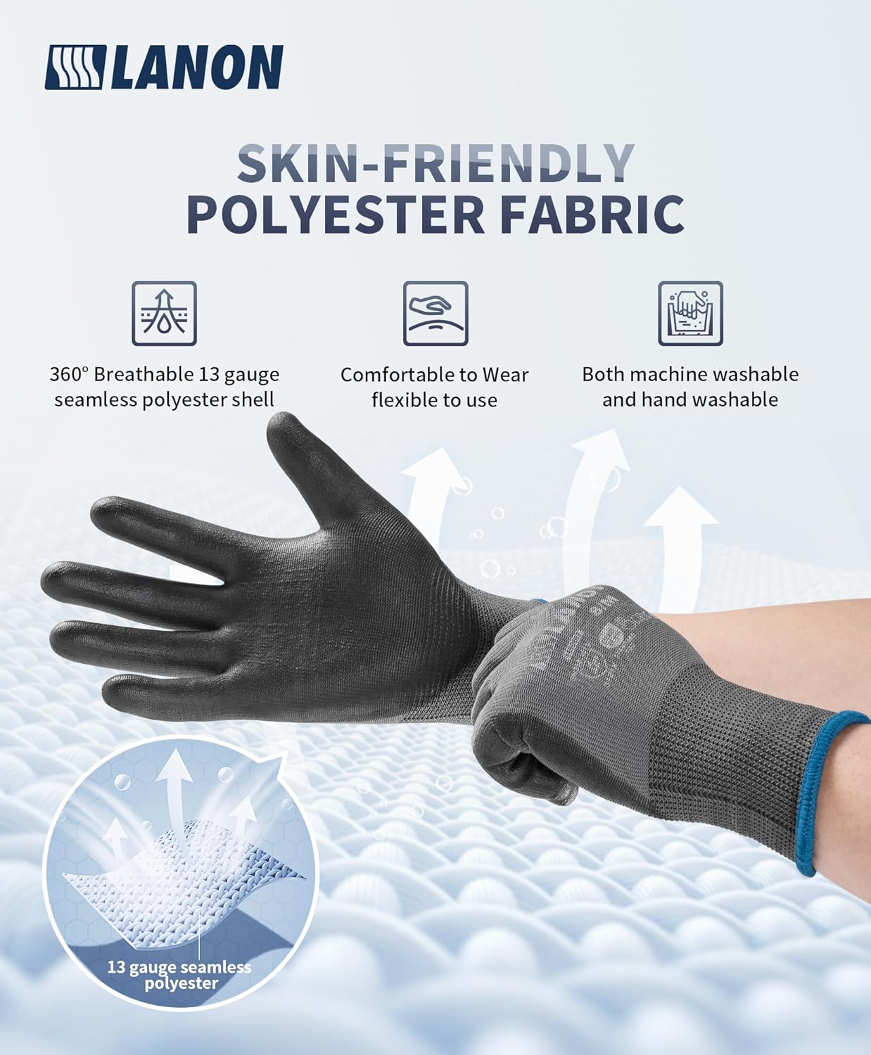 LANON 18 Pairs Safety Work Gloves, Mechanic Working Gloves for Men,Breathable PU Coated, Seamless Knit,Double Wash, Grey, Medium