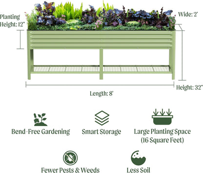 Elevated Raised Garden Bed-V Series, 2' x 8' Garden Beds with Legs & Storage Rack for Patio Porch, 1400 Lbs Weight Capacity, Outdoor Planter Boxes for Gardening Herbs Vegetables Flowers, Pearl White
