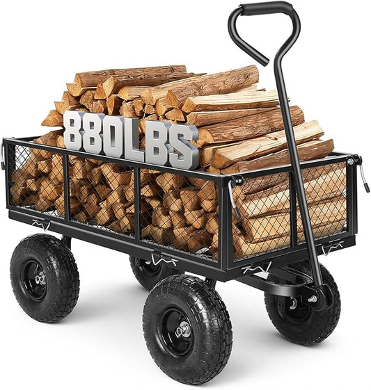 Homdox 880LB Heavy Duty Garden Cart on Wheels, Professional Utility Wagon with 180° Rotating Handle, Foldable Mesh Sides for Landscaping, Yard Work, Farming, Camping & Outdoor Projects