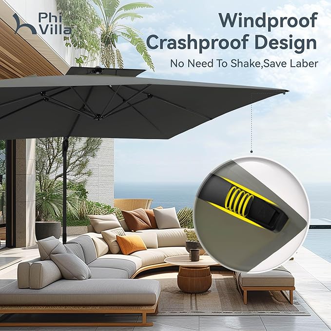 PHI VILLA 10ft Cantilever Patio Umbrella, Outdoor Large Square Umbrellas with 360°Rotation, Heavy Duty Hydraulic Double Umbrella Windproof for Outside, Pool, Deck, Garden, Porch, Grey(No Base)