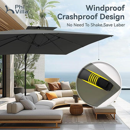 PHI VILLA 10ft Cantilever Patio Umbrella, Outdoor Large Square Umbrellas with 360°Rotation, Heavy Duty Hydraulic Double Umbrella Windproof for Outside, Pool, Deck, Garden, Porch, Grey(No Base)