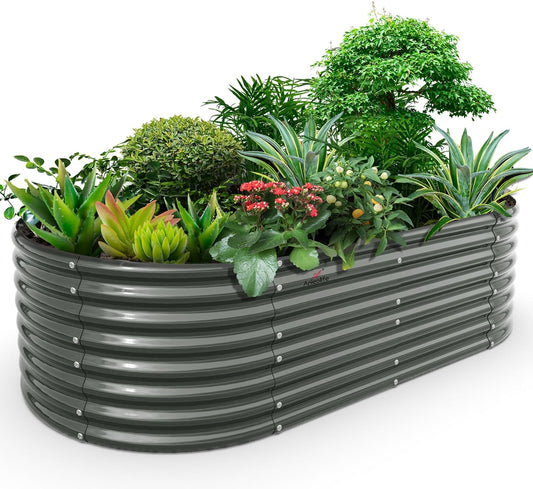 A ANLEOLIFE 8x4x2ft Galvanized Raised Garden Bed Kit, Oval Metal Deep Root Planters for Outdoor Plants Vegetables Flowers Herb, Large Bottomless, 478 Gallon Capacity- Quartz Grey