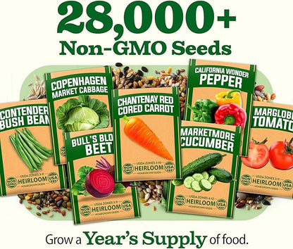 HOME GROWN 𝗨𝗦𝗔 𝗣𝗥𝗘𝗠𝗜𝗨𝗠 55 Vegetable Seeds Pack 28,000+ Non-GMO Heirloom Seeds for Planting Vegetables, Survival Seed Vault, Garden Kit for Spring Fall Winter, Gift for Gardeners