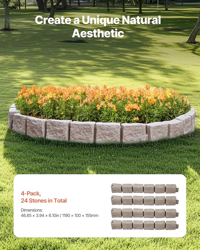 VEVOR Faux Stone Landscape Edging, No Dig Garden Edging Border, Flexible Blocks for Lawn Edging, Flower Beds, Driveway, Yards with 12 Spikes, 4 Pack 24 Bricks 16FT Kit, 46.9" Lx 4" W x 6" H, Brown
