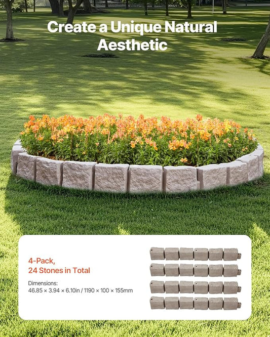 VEVOR Faux Stone Landscape Edging, No Dig Garden Edging Border, Flexible Blocks for Lawn Edging, Flower Beds, Driveway, Yards with 12 Spikes, 4 Pack 24 Bricks 16FT Kit, 46.9" Lx 4" W x 6" H, Brown