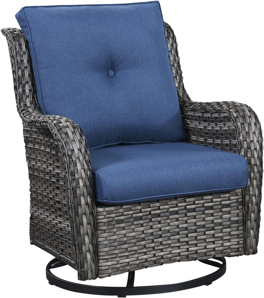 Outdoor Patio Swivel Rocker Chairs - Single Wicker Rattan Patio Swivel Rocking Chair with High Back,Deep Seating and Comfort Cushions for Deck Porch Garden,Mixed Grey/Blue