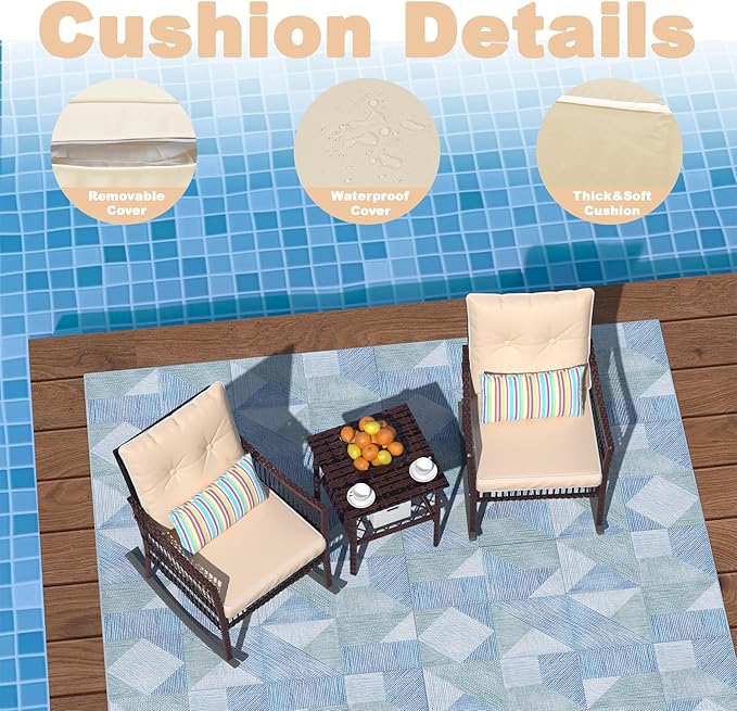 DECMICO 3 Pieces Patio Furniture Set, Wicker Rocking Chairs Bistro Set with Coffee Table, Outdoor Conversation Set for Garden and Balcony (Brown Rattan Beige Cushion)