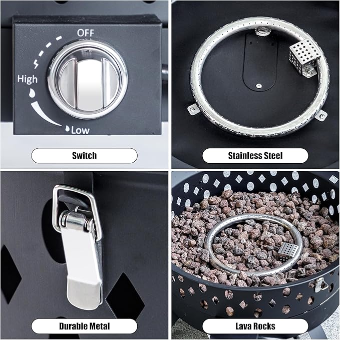 22 Inch Portable Propane Fire Pit,Gas Fire Pit for Outside with Lid & Handle, Smokeless Gas Firepit Bowl with Lava Rocks,Outdoor Propane Firepits for Camping,Patio,Yard,Bonfire.(Black)