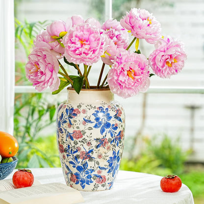 Sungmor Ceramic Flower Vase, Vintage Ice Cracked Glaze Porcelain Vase, Pretty Home Decor Vase for Flower Arrangement, Fresh Flowers, 10.2 Inch Tall Chinoiserie Pottery Vase, Blue Floral Pattern