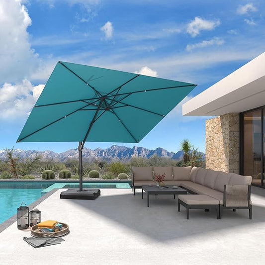 PURPLE LEAF 9' X 11.5' Patio Cantilever Umbrella Outdoor Rectangle Adjustable Offset Umbrellas with 360-degree Rotation and 8 Heavy Duty Metal Ribs for Garden Deck Pool Turquoise Blue