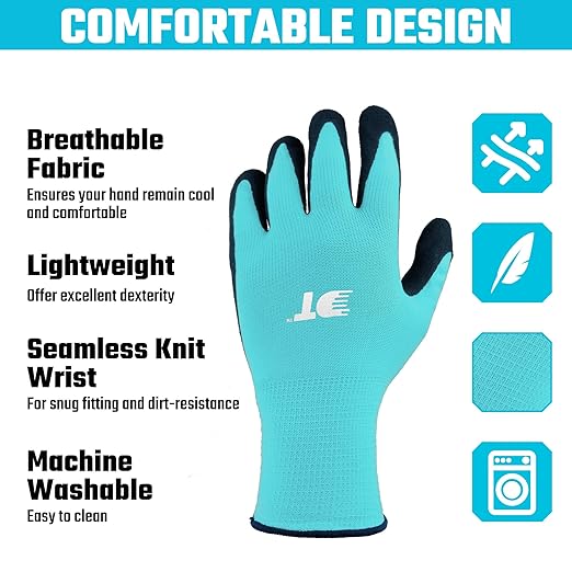 DT 6 Pairs Garden Gloves, Work Gloves with Latex Coating, Pink & Blue, Large, for Gardening, Yard Work