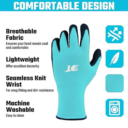 DT 6 Pairs Garden Gloves, Work Gloves with Latex Coating, Pink & Blue, Large, for Gardening, Yard Work