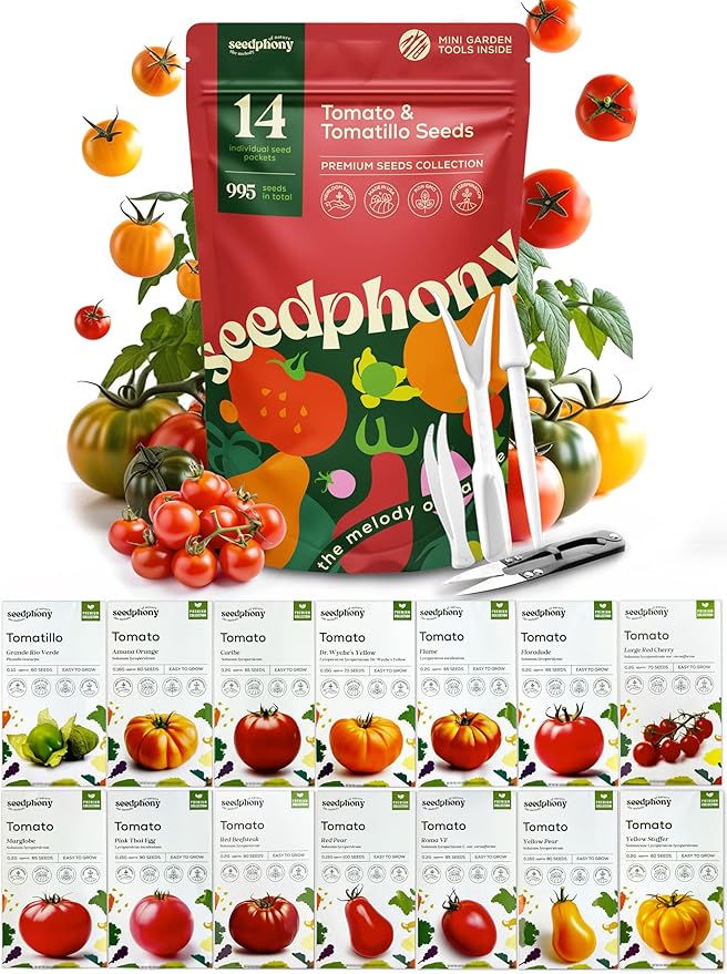14 Tomatillo & Tomato Seeds for Planting Variety Pack - 990+ Non-GMO Heirloom Vegetable Seeds for Growing Tomato Indoor & Outdoor: Cape Gooseberry, Cherry, Flame, Roma, Beefsteak Tomatoes