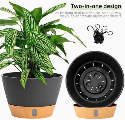 QCQHDU 2 Pack Hanging Planters for Indoor Outdoor Plants, 8 Inch Hanging Baskets Flower Pots with Reservoir Tray & Visible Water-Level