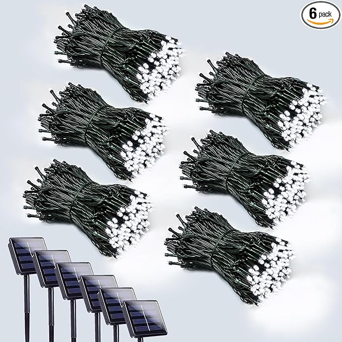 6 Pack 600 LED Solar String Lights for Outside, Solar Christmas Lights Outdoor with 8 Lighting Modes, Waterproof Green Wire Solar Powered Tree Light for Xmas Party Yard Garden Decorations (Cool White)