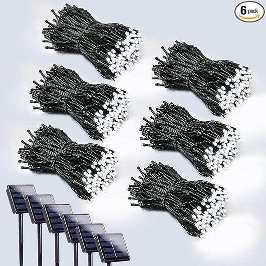 6 Pack 600 LED Solar String Lights for Outside, Solar Christmas Lights Outdoor with 8 Lighting Modes, Waterproof Green Wire Solar Powered Tree Light for Xmas Party Yard Garden Decorations (Cool White)