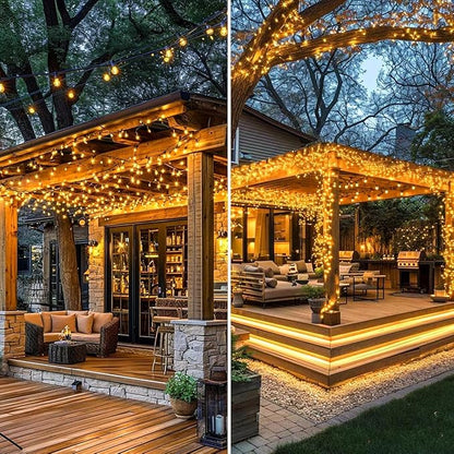 OZS 4 Pack 320LED Solar String Lights Outdoor, Waterproof 8 Modes Solar Tree Light, Green Wire Christmas Lights Outdoor for Garden, Party, Wedding, Christmas Decorations (Warm White)