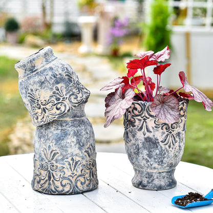 Sungmor 6.3 Inch Cement Plant Pot for Plants, Succulent Planter with Embossed Design, Vintage Concrete Flowerpots with Drainage Hole, Decorative Orchid Houseplant Pot Indoor Outdoor Plant Container