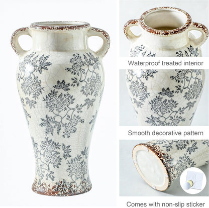 Enra Vintage vase with Handle,12.6 inch Blue and White Ceramic Decorative Flower vase, Chinoiserie Floral Vase,Large Rustic Vases for Home Decors, Living Room, Bookshelf, Office