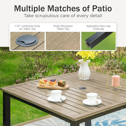 PHI VILLA Outdoor Patio Table, Square Metal Steel Slat Table with 1.57”- 1.9” Adjustable Umbrella Hole, Weather-Resistant Outdoor Dining Table for Garden Deck, 42" x 42" x 28.7", Brown
