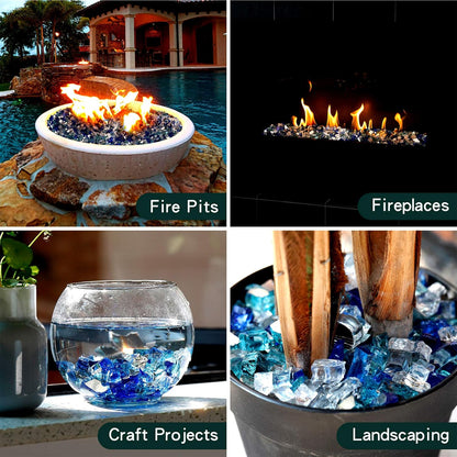 Mr. Fireglass 10 Pounds Blended Fire Glass - 1/4 Inch Mixed Colored High Luster Reflective Tempered Glass Rocks for Fireplace Fire Pit Table Fireplace and Landscaping, Aqua Blue+Cobalt Blue+Platinum