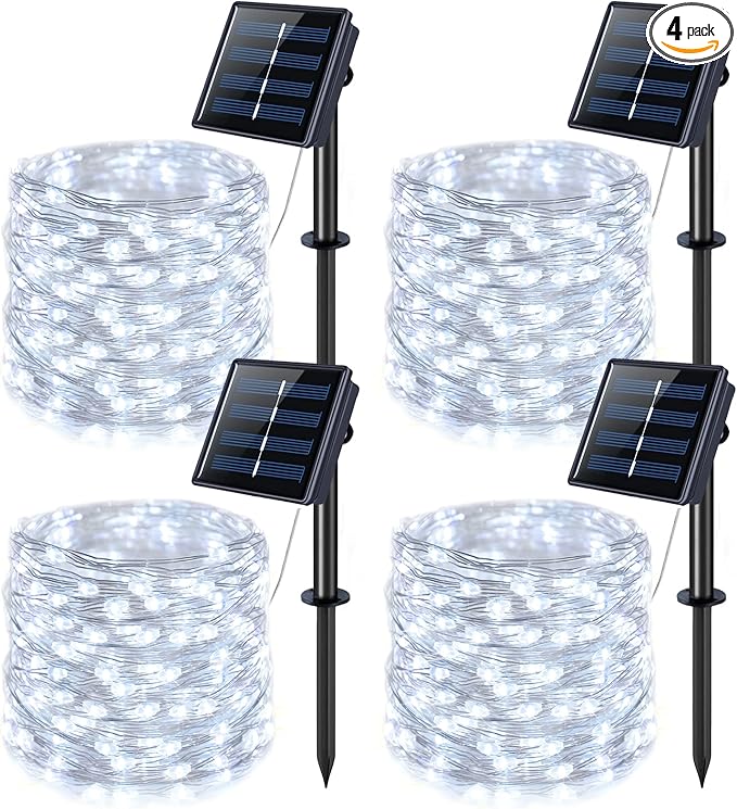 JMEXSUSS 4 Pack 100 LED Solar String Lights for Outside, 33ft White Solar Fairy Lights Outdoor Waterproof, 8 Modes Solar Christmas Lights for Garden Yard Tree Wedding Decorations