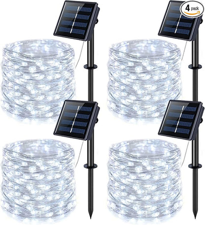 JMEXSUSS 4 Pack 100 LED Solar String Lights for Outside, 33ft White Solar Fairy Lights Outdoor Waterproof, 8 Modes Solar Christmas Lights for Garden Yard Tree Wedding Decorations