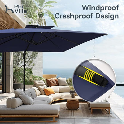 PHI VILLA 9' X 12' Cantilever Patio Umbrella with Base, Outdoor Large Rectangular Umbrellas with 360°Rotation, Heavy Duty Hydraulic Double Umbrella Windproof for Outside, Navy Blue