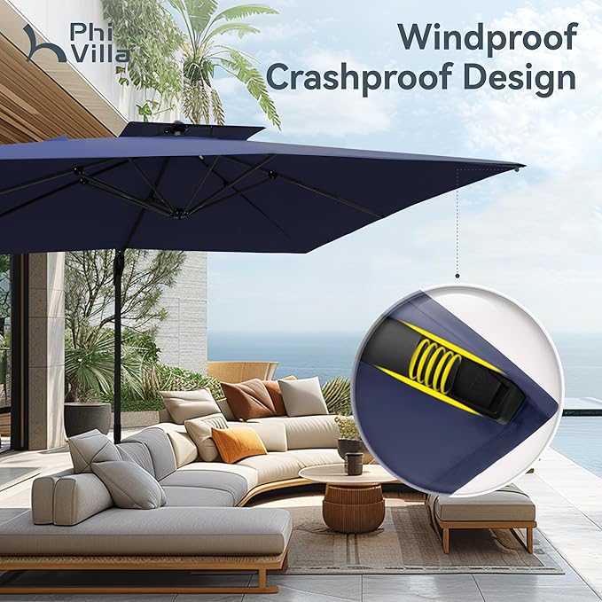 PHI VILLA 9' X 12' Cantilever Patio Umbrella, Outdoor Large Rectangular Umbrellas with 360°Rotation, Heavy Duty Hydraulic Double Umbrella Windproof for Outside, Navy Blue