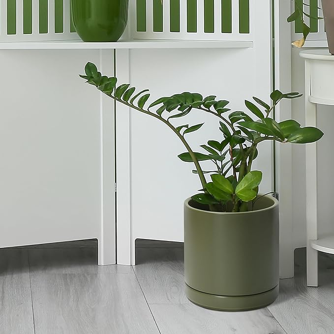 D'vine Dev 8.2 Inch Ceramic Planter Pot with Drainage Hole and Saucer, Indoor Cylinder Round Planter Pot, Olive, 94-O-D-J