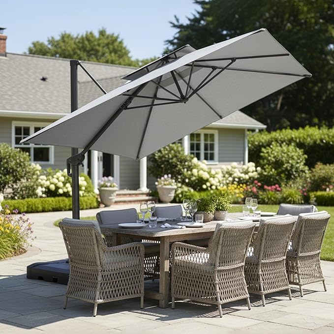 PURPLE LEAF 10' x 13' Cantilever Patio Umbrella Outdoor Umbrella with 330lbs Base Large Rectangular Windproof Offset Umbrella for Pool Deck Garden, Pebble Grey