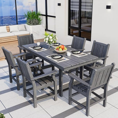 Pamapic 7 PCS Outdoor Dining Set, Spacious HDPE Outdoor Table and Chairs, Wood Grain Patio Furniture Sets with Elegant Armrest, All-Weather Patio Dining Table with Umbrella Hole, Gray