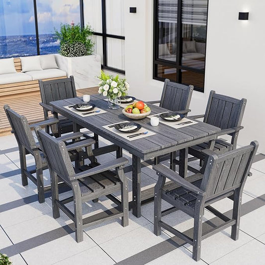 Pamapic 7 PCS Outdoor Dining Set, Spacious HDPE Outdoor Table and Chairs, Wood Grain Patio Furniture Sets with Elegant Armrest, All-Weather Patio Dining Table with Umbrella Hole, Gray