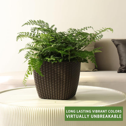 Dexceder 9x8 Self Watering Planter Indoor Outdoor, Inner Mat Design, Thickened Table Flower Plant Pot with Water Level Indicator (Brown Rattan)