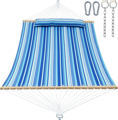 Double Quilted Fabric Tree Hammock with Spreader Bar, 14ft Hammocks 2 Person for Outside, Fits 12ft -14ft Hammock Stand, Large Pillow, Side Pocket & Carabiner, Max 475 lbs Capacity (Ocean Blue)