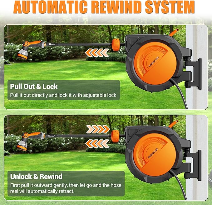 5/8" × 110 ft Retractable Hose Reel, Heavy Duty Retractable Garden Hose Reel Wall Mounted with 10-Pattern Hose Nozzle/Any Length Lock/Slow Return System/180°Swivel Bracket, Orange