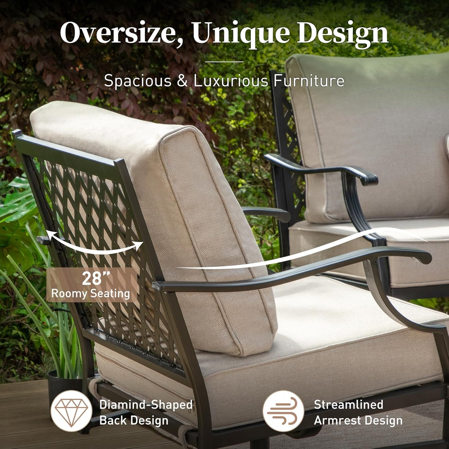 Metal Outdoor Patio Rocker Chairs Set of 2 with 5.75" Extra Thick Cushion, 2 Piece High Back Rocker Patio Chairs All Weather Outdoor Furniture Seating for Deck Porch Backyard, Beige