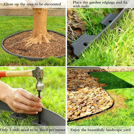 33FT Landscape Edging, 4 in Tall Garden Edging Borders with 30 Spikes,Flexible Lawn Edging Kit Plastic Mini Fence Borders for Grass Flower Beds, Pavement,Yard -Grey