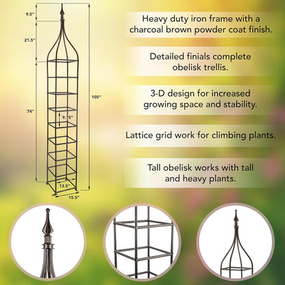 H Potter Trellis Obelisk Tall Metal Garden Decor Vertical Yard Art for Roses Climbing Plants Weather Resistant Wrought Iron Ornamental (Charcoal Brown, Large)