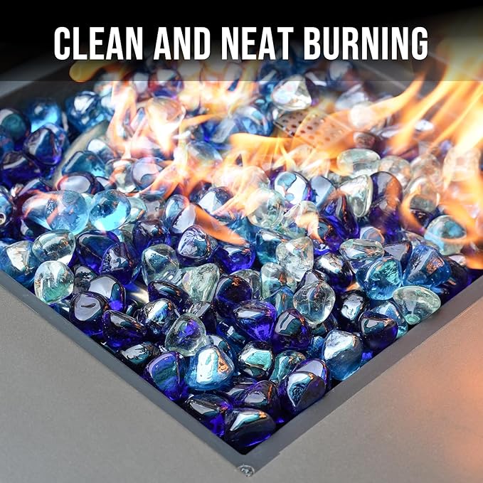 Skyflame 10-Pound Blended Fire Glass Diamonds for Fire Pit Fireplace Landscaping, 1/2 Inch Cobalt Blue, Crystal Ice, Caribbean Blue Luster