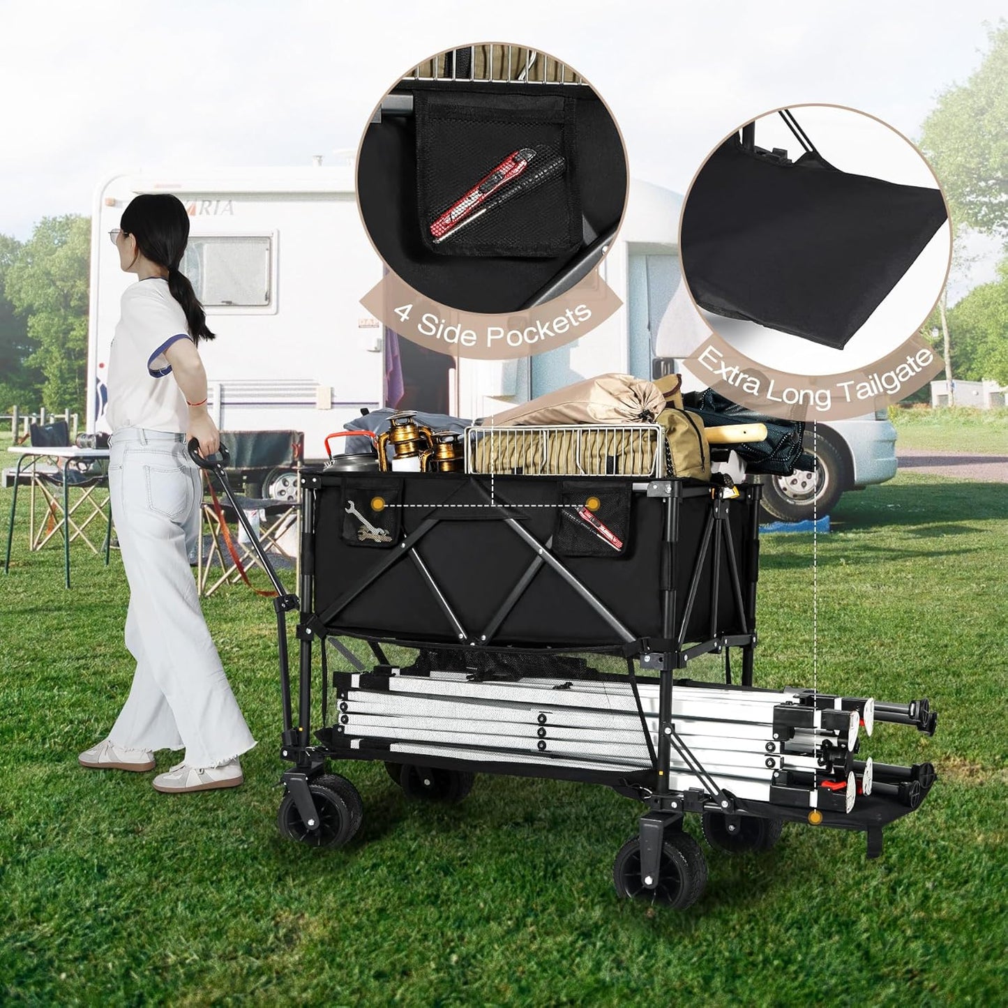 REDCAMP Large Collapsible Double Decker Wagon, 450lbs Heavy Duty 53" L Extra Long Extender Wagon Cart with All-Terrain Big Wheels for Camping, Shopping, Outdoor Sport