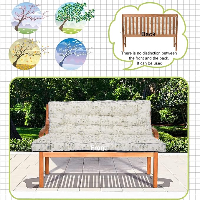 Swing Replacement Cushions with Backrest, 2 or 3 Seater Waterproof Non-Slip Overstuffed Swing Pad, Outdoor Bench Cushion for Porch Chair Swings Garden Furniture (White Leaves, 40 * 63 in)
