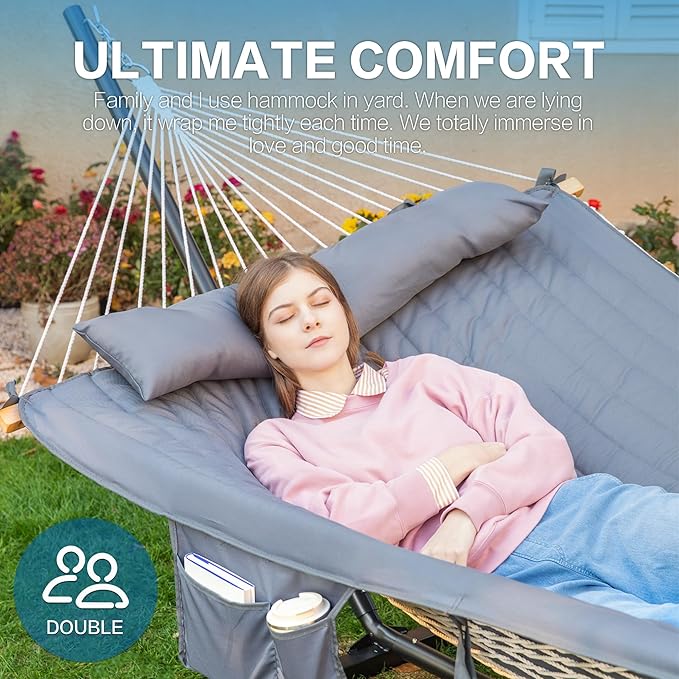 PNAEUT Double Hammock with Stand for Outside, Rope Hammocks with Polyester Pad 2 Person, 12ft Heavy Duty Stand, Extra Pillow, Storage Sidebag, Max 475 lbs Capacity (Gray)