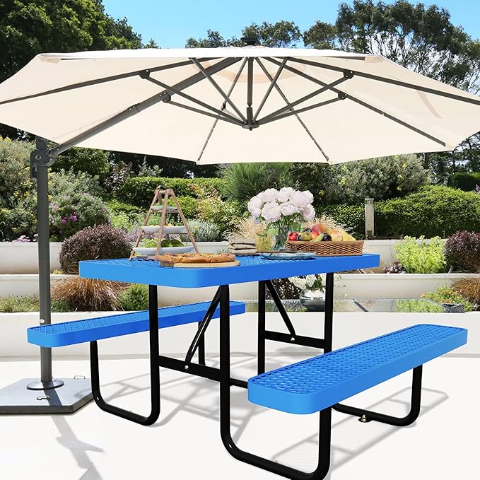 48'' Rectangular Steel Picnic Table for Outdoors,Commercial Metal Picnic Table Bench Set with Umbrella Hole,School Canteen Table W/Seats - Heavy Duty Sturdy Picnic Tables Furniture for Patio Garden