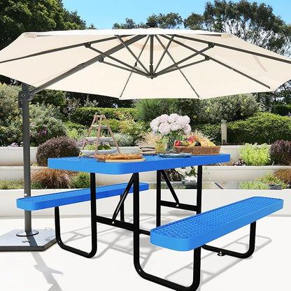 48'' Rectangular Steel Picnic Table for Outdoors,Commercial Metal Picnic Table Bench Set with Umbrella Hole,School Canteen Table W/Seats - Heavy Duty Sturdy Picnic Tables Furniture for Patio Garden